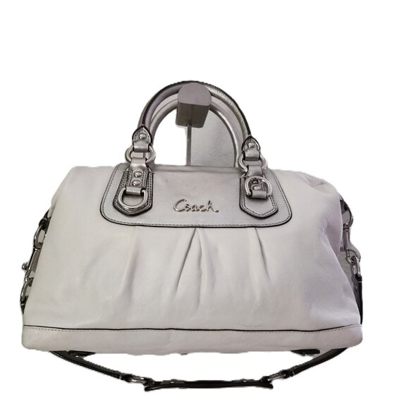 Coach Ashley White & Silver Leather Convertible Shoulder Bag Purse - Picture 3 of 17